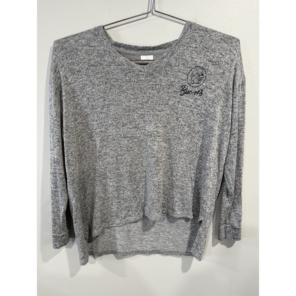 Buc-ees Womens Size XL Oversized V Neck‎ High Low Gray Knit Shirt Logo